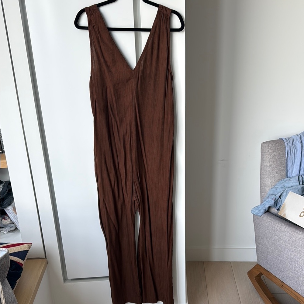 Mango Brown V-Neck Jumpsuit with Wide Leg Pants